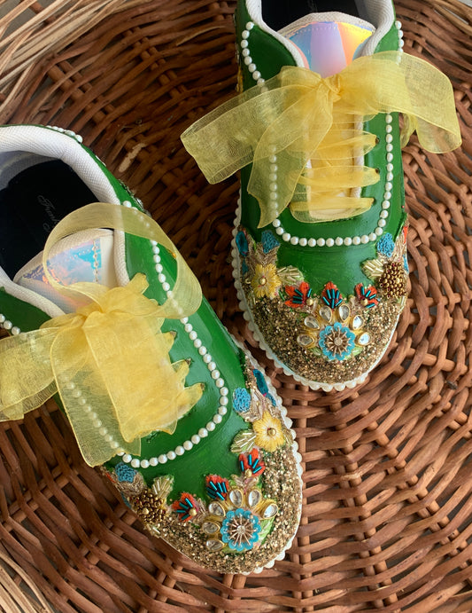 FUNKY N TRENDY green sneakers for brides /gold and green embroidered sneakers/ handcrafted sneakers/ golden sneakers / bridal sneakers / bridesmaid sneakers/ golden hand work sneakers/green sneakers