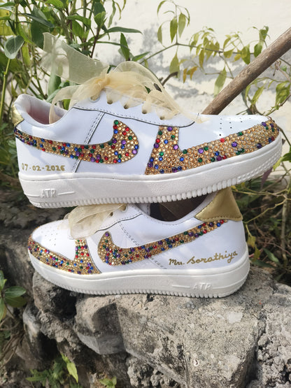 FUNKY N TRENDY multi colored rhinestone bridal sneakers / bridesmaid sneakers/ gold sneakers / gold shoes/stone sneakers studded shoes/ bride shoes/ white shoes