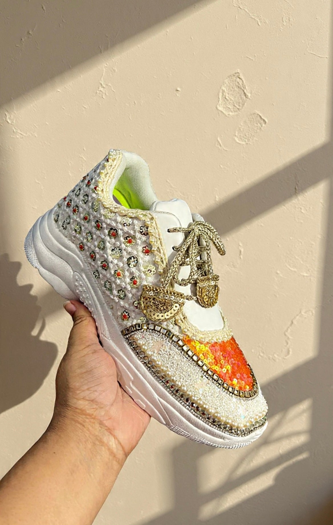 Funky N Trendy ivory and orange embroidery work bridal sneakers/ bridesmaid sneaker / golden sneakers/ orange sneakers / sequine work sneakers/ orange shoes/ silver golden sneakers