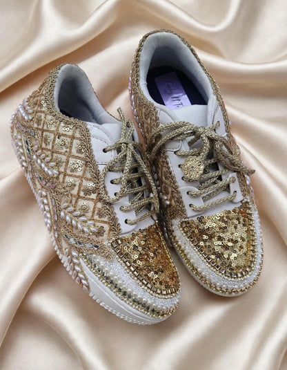Golden Sequin Bridal Sneakers – Handcrafted Wedding Shoes for Brides | Funky N Trendy
