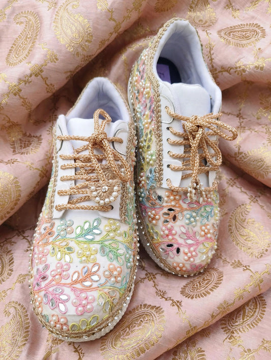 “Rainbow Bridal Sneakers with Mirror detailing– Floral Embroidery”