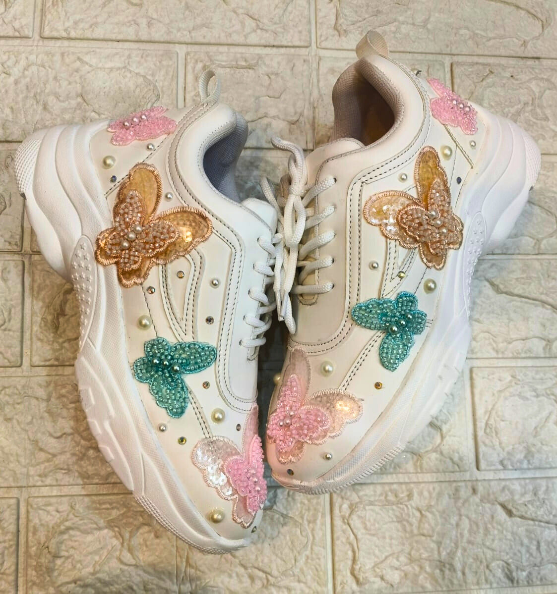 FUNKY N TRENDY colorful butterfly embroidery sneakers for brides /white silver embroidered sneakers/ handcrafted sneakers/ butterfly sneakers / bridal sneakers / bridesmaid sneakers/ white sneakers/ pink sneaker