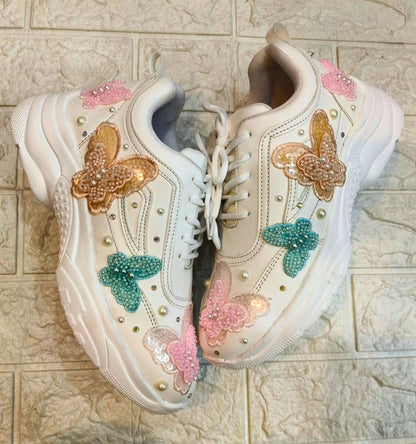 FUNKY N TRENDY colorful butterfly embroidery sneakers for brides /white silver embroidered sneakers/ handcrafted sneakers/ butterfly sneakers / bridal sneakers / bridesmaid sneakers/ white sneakers/ pink sneaker