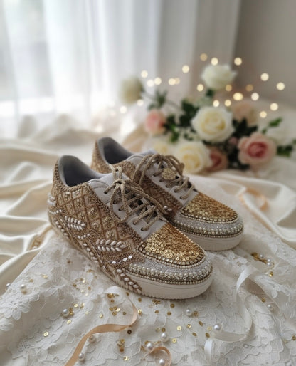 Golden Sequin Bridal Sneakers – Handcrafted Wedding Shoes for Brides | Funky N Trendy