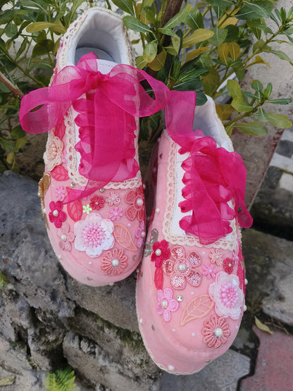 FUNKY N TRENDY Hand embroidered floral theme sneakers - wedge sneakers heeled sneakers/pink sneakers
