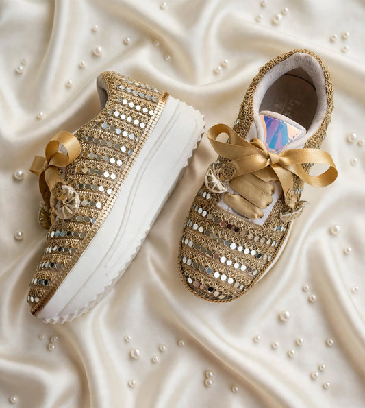 FUNKY N TRENDY gold mirror sneakers for brides /bridesmaids / sneakers for bridesmaids/ handcrafted sneakers/ mirror sneakers / bridal sneakers / bridesmaid sneakers/ gold sneakers / mirror shoes