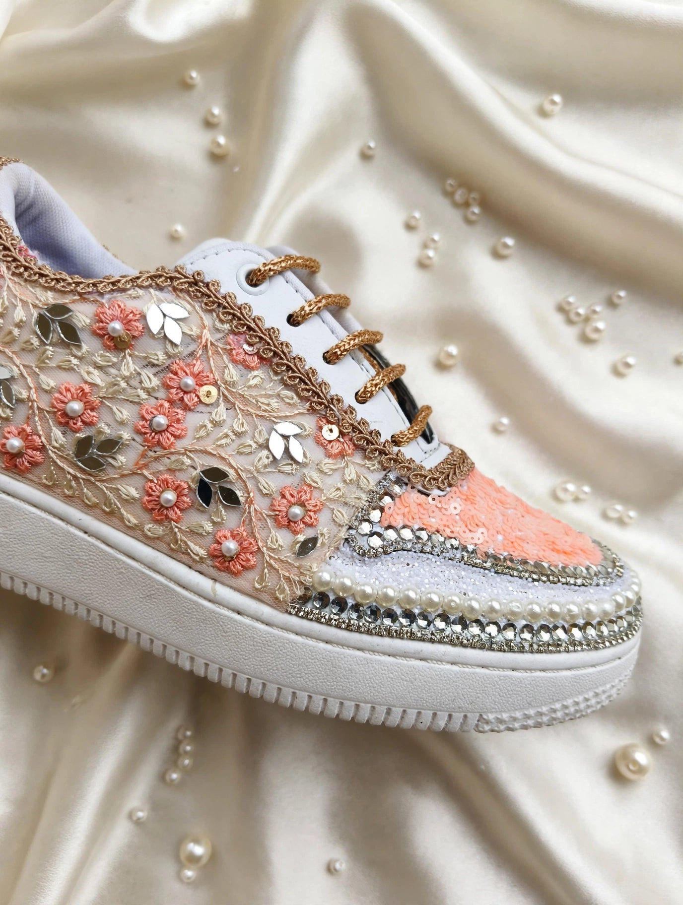 Blossom Bride Bridal Sneakers — Peach Floral Embroidered Sneakers with Pearl & Crystal Trim