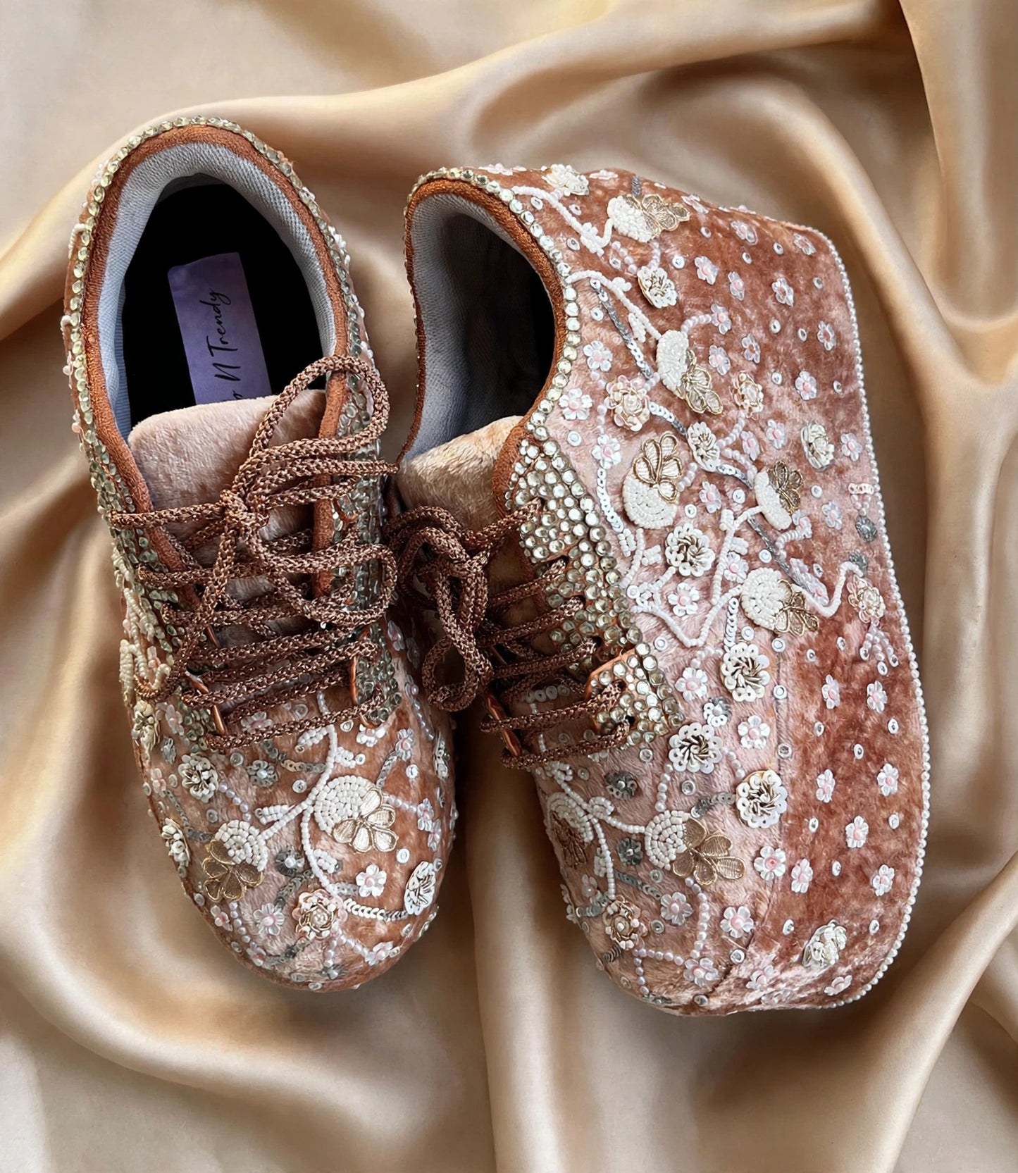 FUNKY N TRENDY rose gold with pearl Embroidered bridal sneakers - wedge sneakers heeled sneakers/ pearl work sneakers