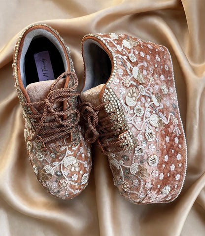 FUNKY N TRENDY rose gold with pearl Embroidered bridal sneakers - wedge sneakers heeled sneakers/ pearl work sneakers