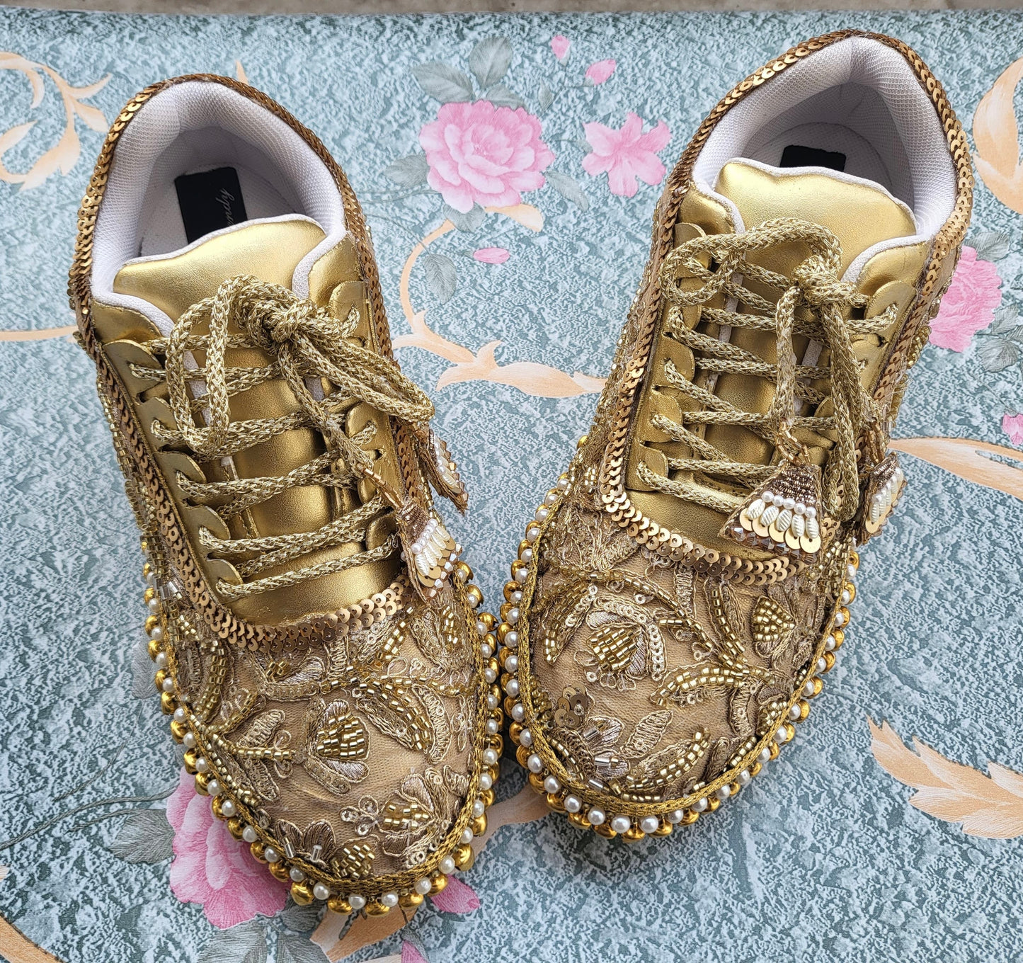 FUNKY N TRENDY golden mirror pearl and sequine work bridal sneakers / bridesmaid sneakers/ gold sneakers / golden sneakers/ cutdana work sneakers /ghungaroo shoes