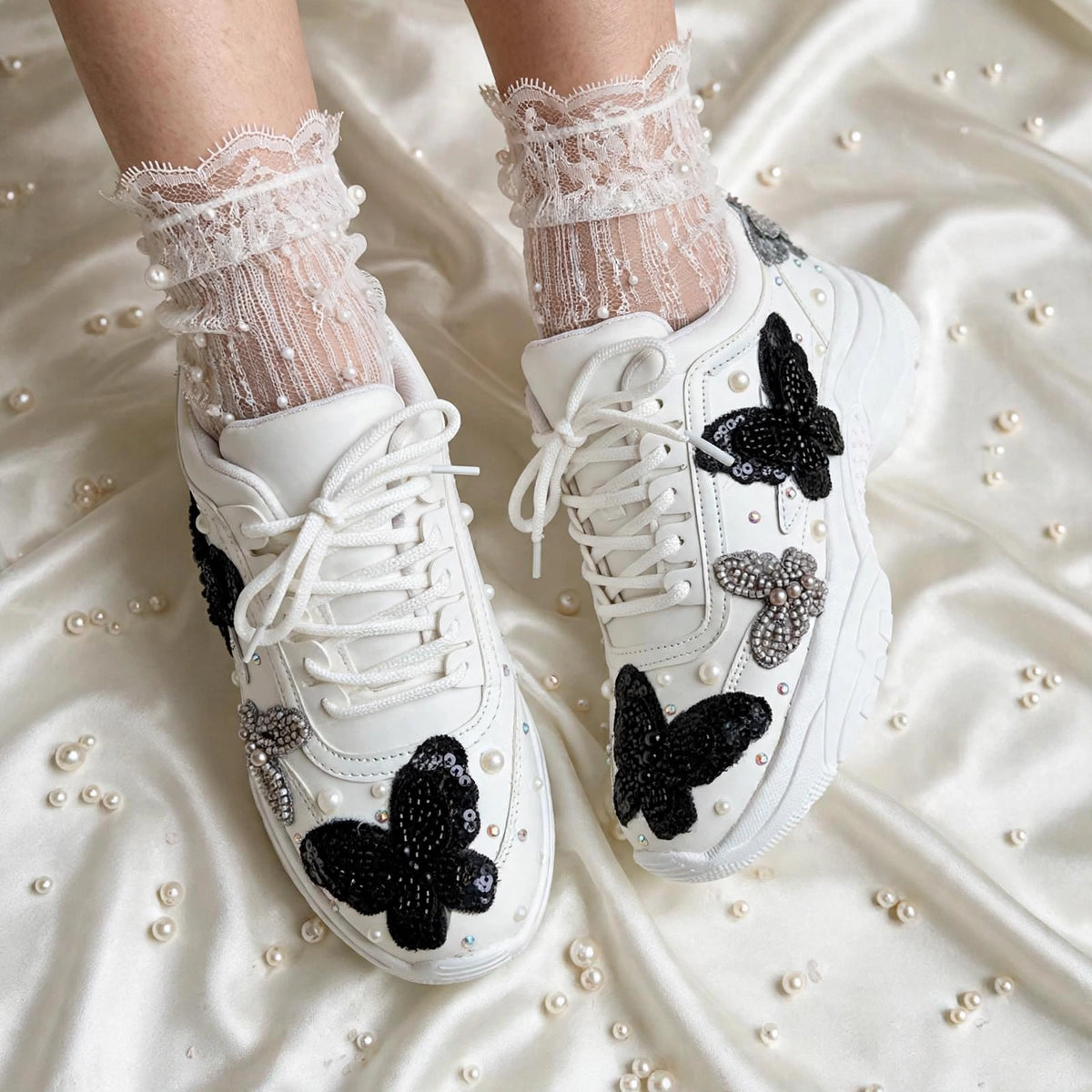 Midnight Flutter – Black Butterfly Embroidered Sneakers | Designer Sneakers India