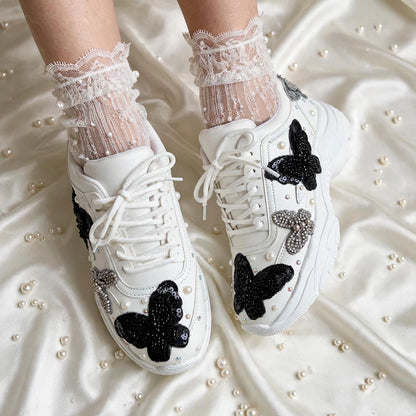 Midnight Flutter – Black Butterfly Embroidered Sneakers | Designer Sneakers India
