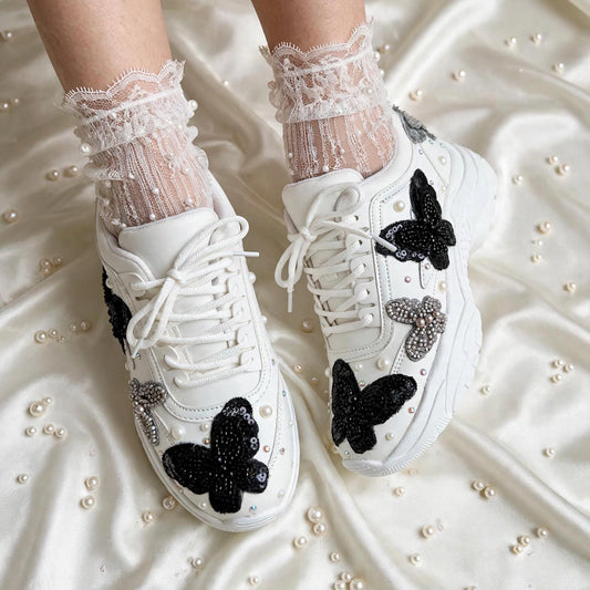 Midnight Flutter – Black Butterfly Embroidered Sneakers | Designer Sneakers India