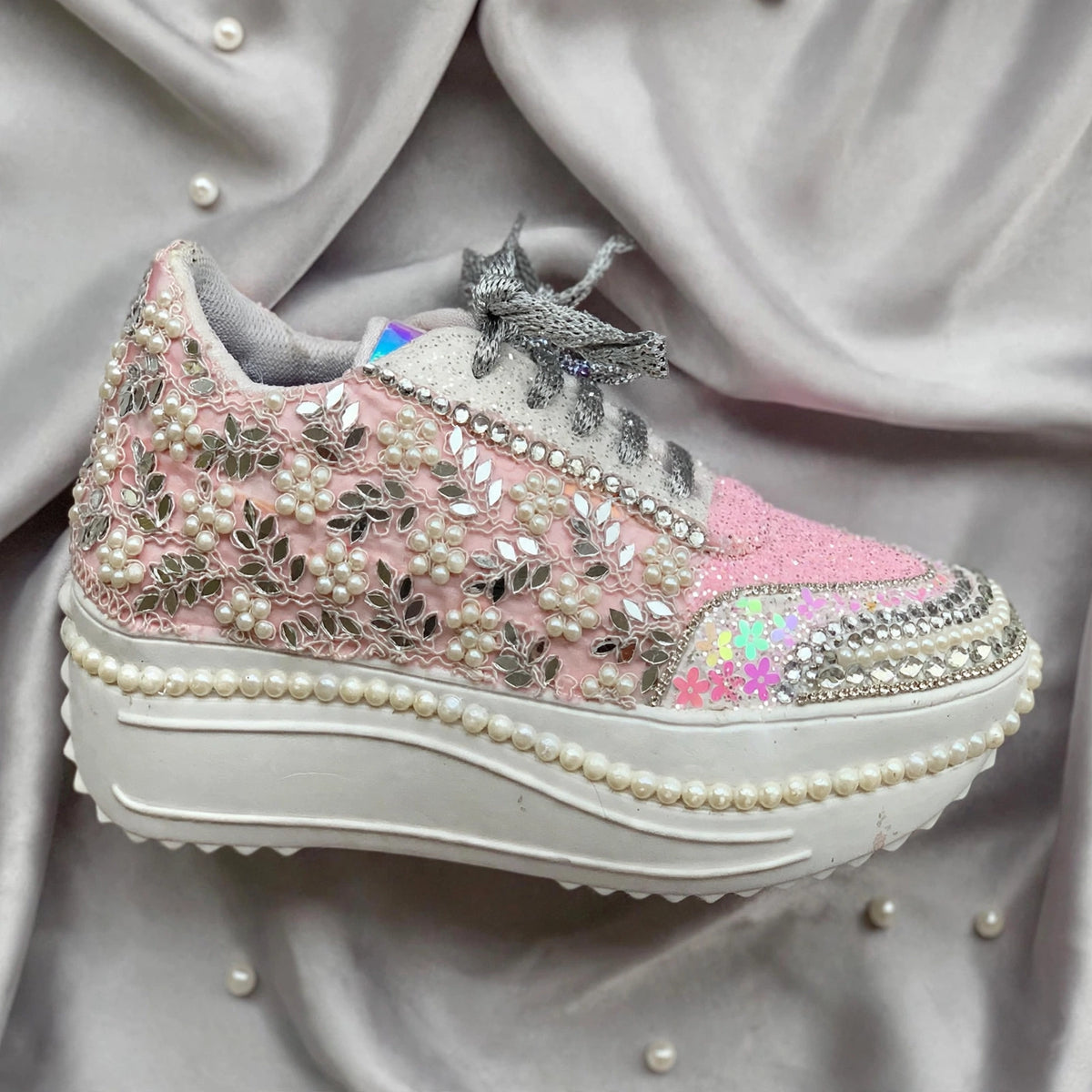 Custom Pink Pearl Bridal Sneakers | Platform Wedding Sneakers India | Funky N Trendy