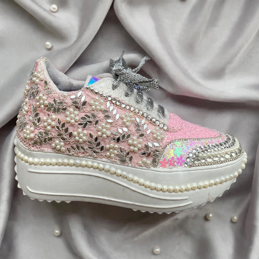 Custom Pink Pearl Bridal Sneakers | Platform Wedding Sneakers India | Funky N Trendy