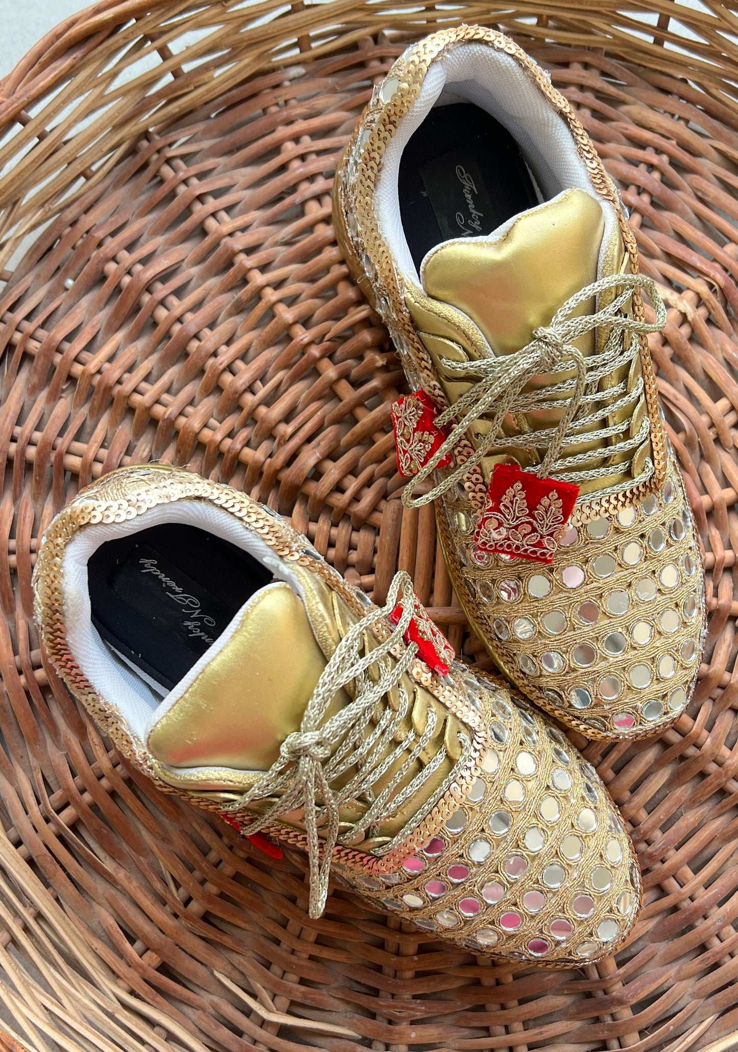 FUNKY N TRENDY gold mirror heeled sneakers for brides and bridesmaids