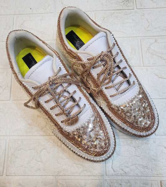 FUNKY N TRENDY tan peach with ivory color hand work sneakers for brides / bridesmaids/ rose gold sneakers / rose gold shoes