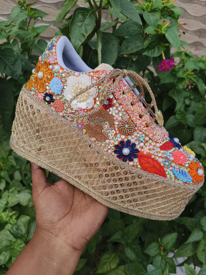 FUNKY N TRENDY Hand embroidered floral theme sneakers - wedge sneakers heeled sneakers/multi colored sneakers