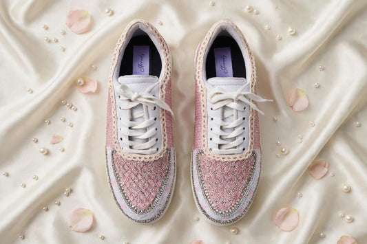 FUNKY N TRENDY pink sequine work sneakers with customization of name /wedding date/ couple shoes