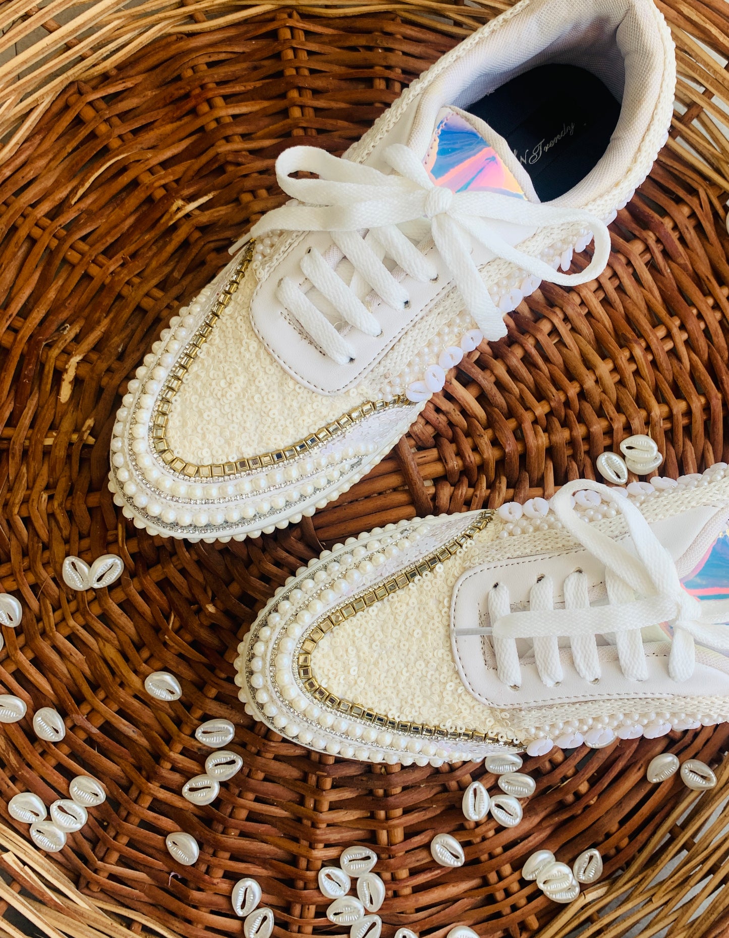 FUNKY N TRENDY ivory minimalistic sneakers with pearl detailing for brides /bridesmaids / sneakers for bridesmaids/ handcrafted sneakers/ sequine sneakers / bridal sneakers / bridesmaid sneakers/ ivory sneakers / minimal shoes