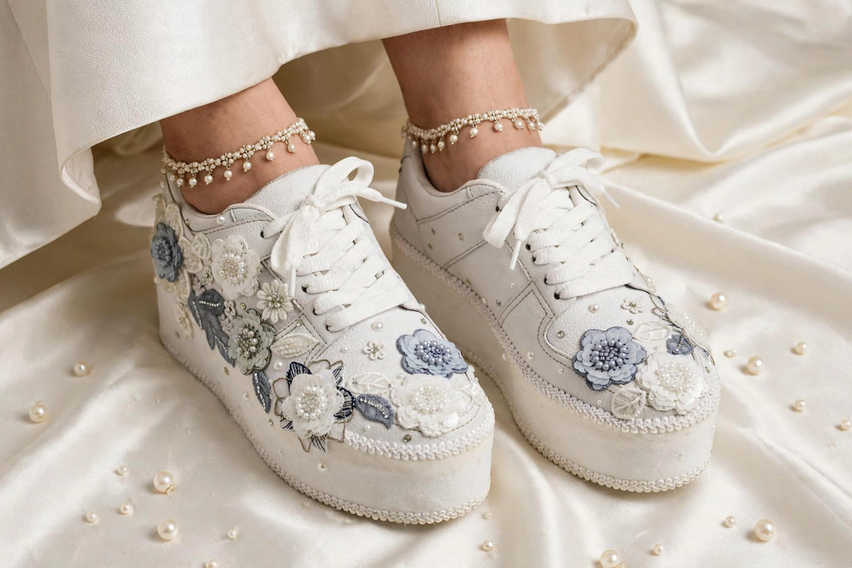 Customized White and Gray garden Bridal Sneakers with Name initials / wedding date– Wedding Shoes for Bride/ white sneakers