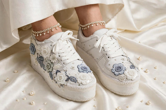 Customized White and Gray garden Bridal Sneakers with Name initials / wedding date– Wedding Shoes for Bride/ white sneakers