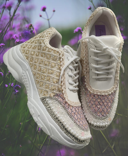 Funky N Trendy ivory and pink embroidery work bridal sneakers/ bridesmaid sneaker / golden sneakers/ pink sneakers / sequine work sneakers/ pink shoes/ silver golden sneakers