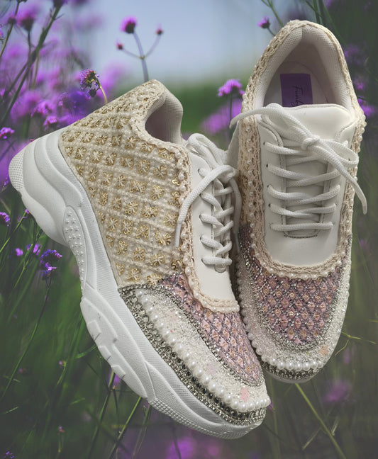 Funky N Trendy ivory and pink embroidery work bridal sneakers/ bridesmaid sneaker / golden sneakers/ pink sneakers / sequine work sneakers/ pink shoes/ silver golden sneakers