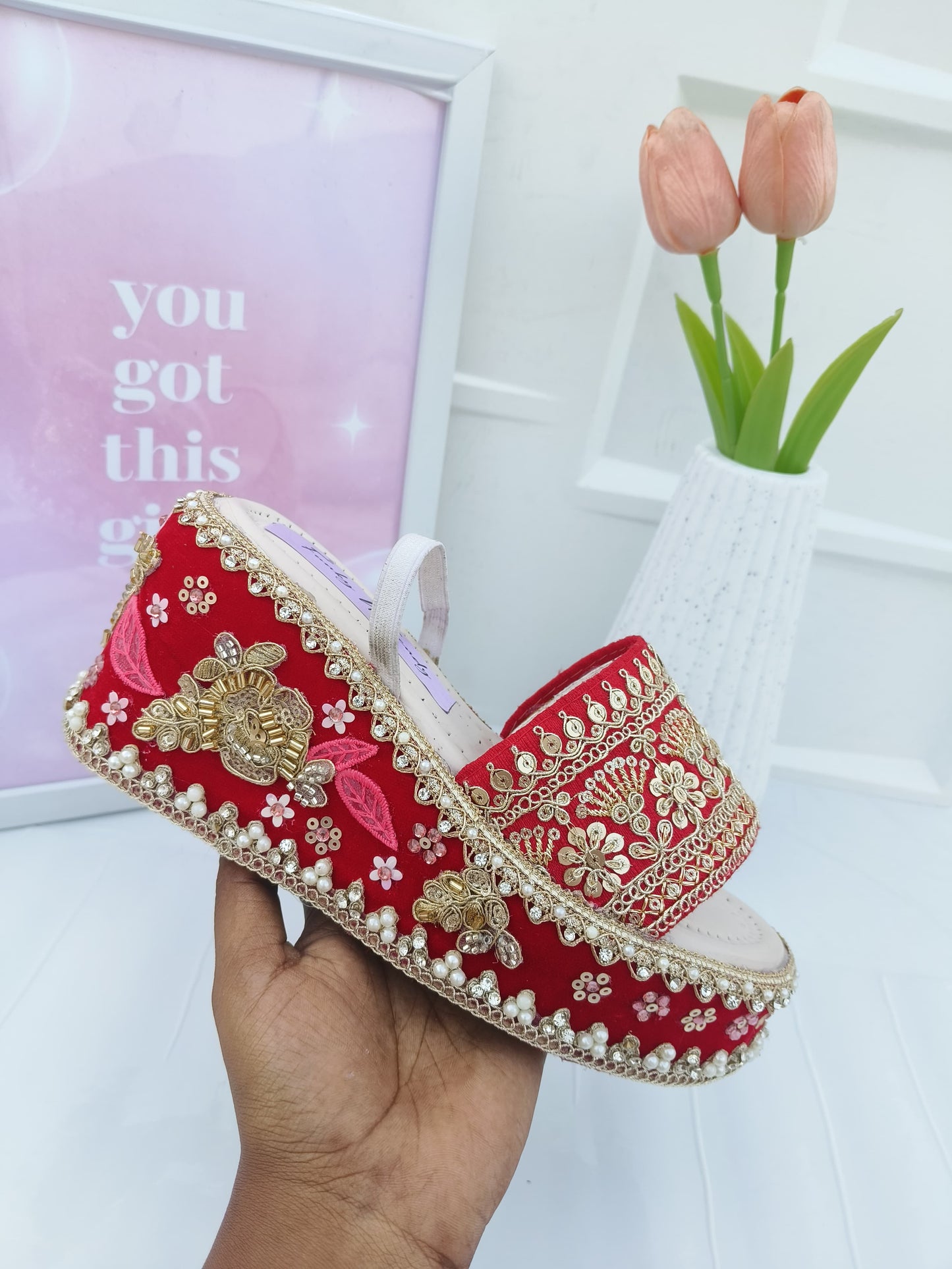 Handcrafted Bridal Embroidered Wedges - Red / Gold