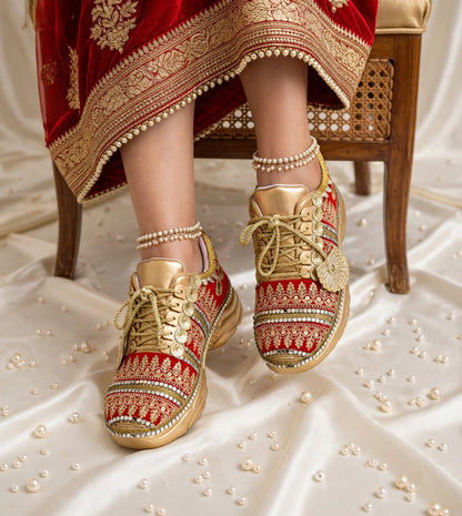 Maharani - Red Velvet Bridal Sneakers with Gold Chunky Sole