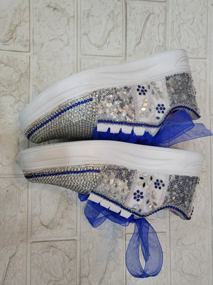 FUNKY N TRENDY rhinestone work bridal sneakers / bridesmaid sneakers/ silver sneakers / silver shoes/ rhinestone sneakers mirror shoes/ bride shoes/ embroidered shoes/ silver and blue sneakers