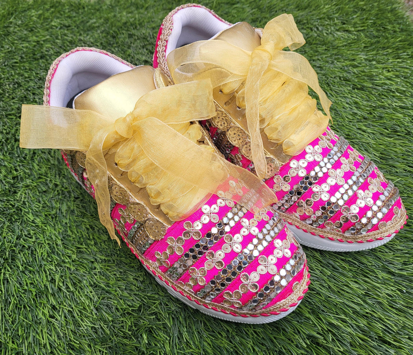 Funky N Trendy Hot pink zari work with mirror detailing bridal sneakers/ bridesmaid sneaker / golden sneakers/ hot pink sneakers / pink shoes for bride/ rani pink sneakers
