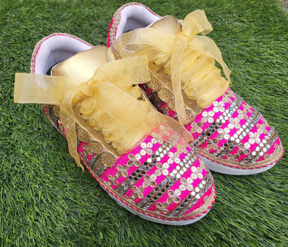 Funky N Trendy Hot pink zari work with mirror detailing bridal sneakers/ bridesmaid sneaker / golden sneakers/ hot pink sneakers / pink shoes for bride/ rani pink sneakers