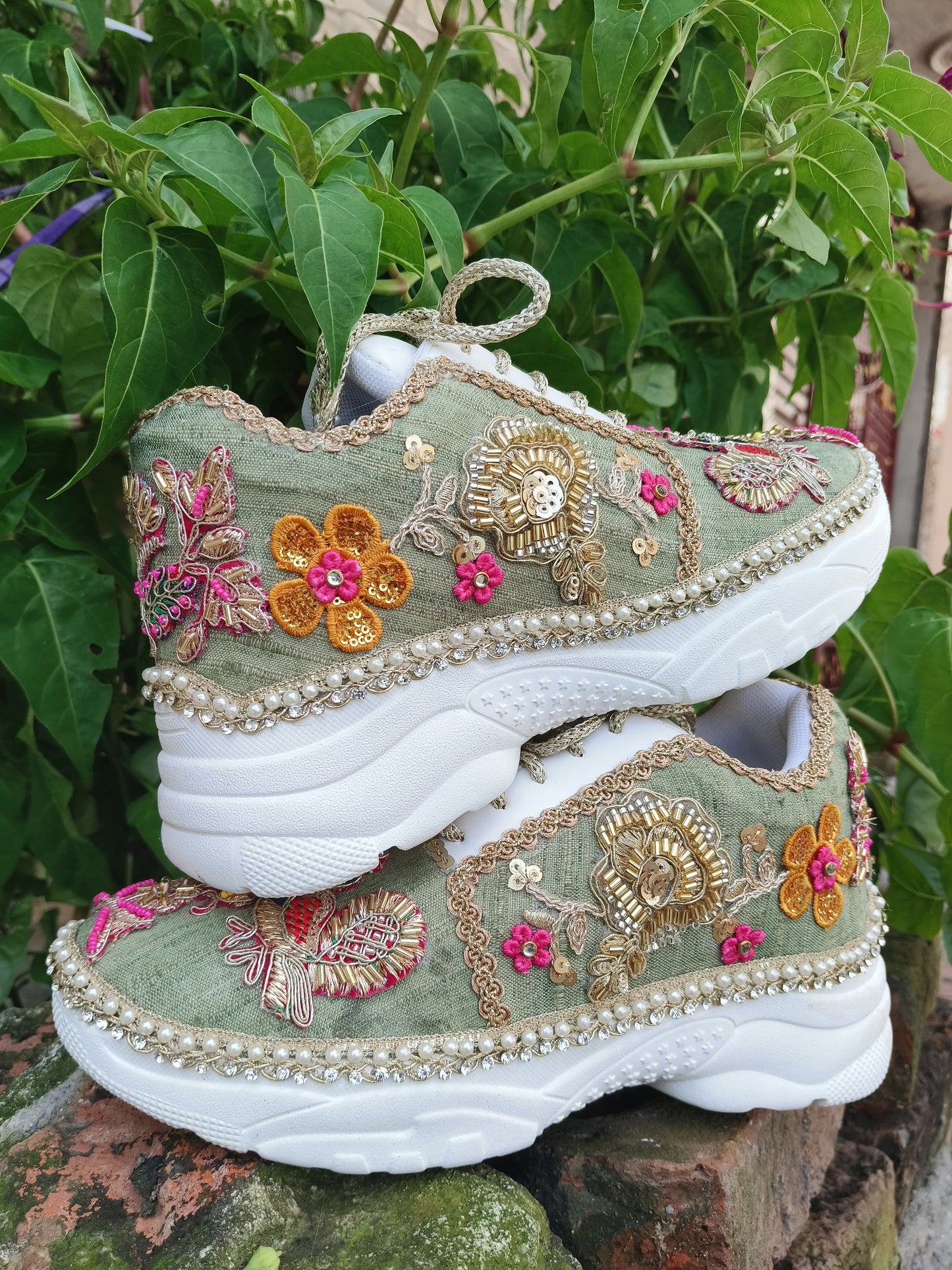“Peacock Green Bridal Sneakers – Floral Embroidery”