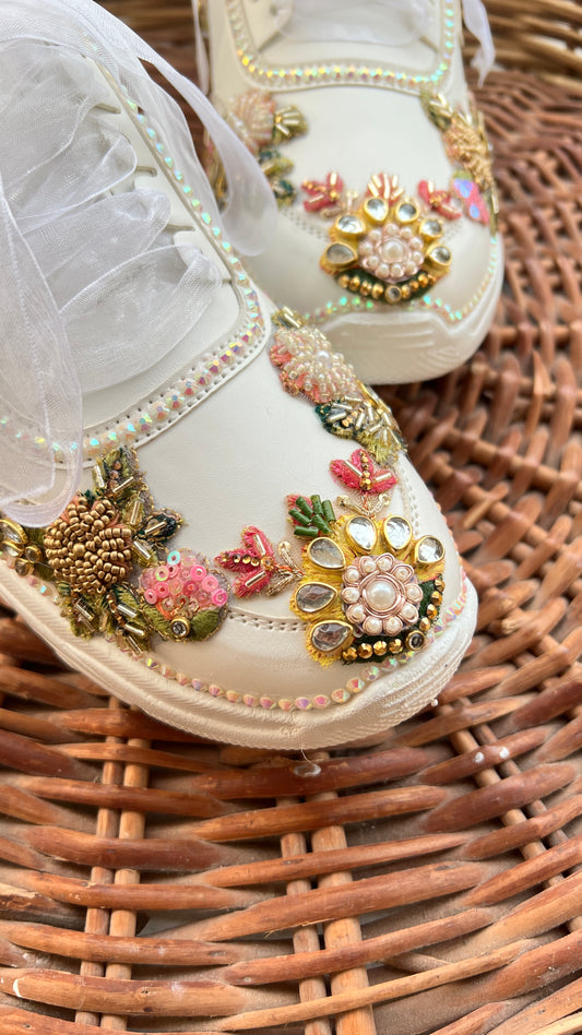 FUNKY N TRENDY hand embroidered floral work sneakers/ white sneakers /bridal shoes / bridal sneakers / minimal sneakers/ bridesmaid sneakers