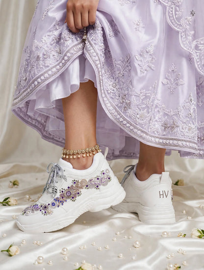 Funky N Trendy embroidery work bridal sneakers/ bridesmaid sneaker / silver sneakers/ purple shoes /name and wedding date customization