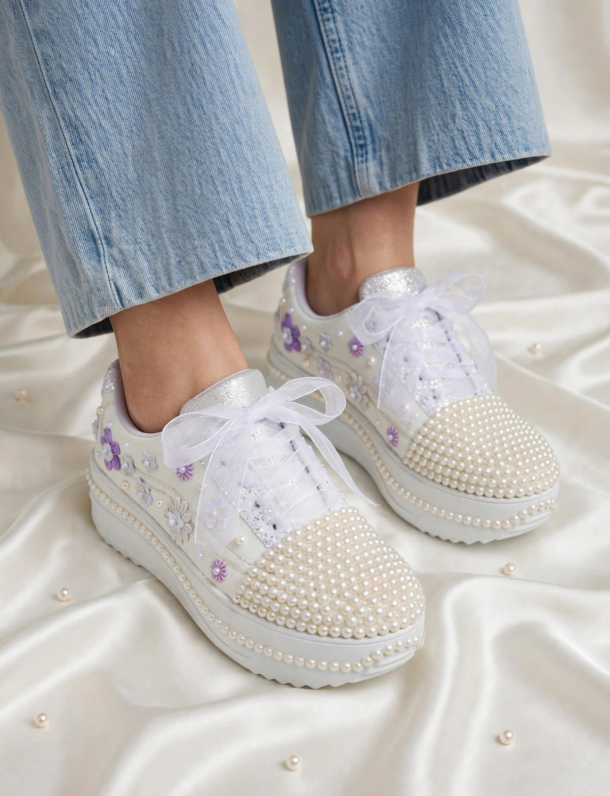 Funky N Trendy white pearl work sneakers with purple / lavender floral detailing / pearl sneakers
