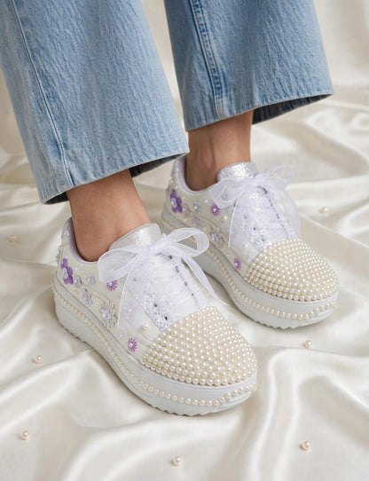 Funky N Trendy white pearl work sneakers with purple / lavender floral detailing / pearl sneakers