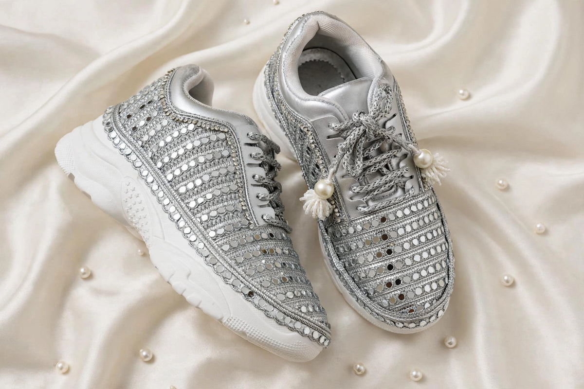 FUNKY N TRENDY Silver mirror hand work sneakers for brides / bridesmaids/ silver sneakers / silver mirror sneakers / silver shoes/ mirrror shoes