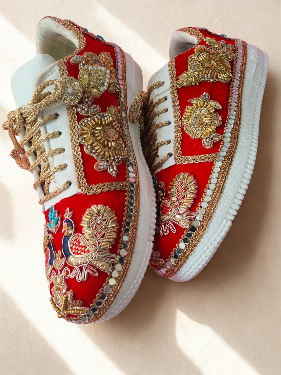 Funky N Trendy Peacock Magic Red Bridal Sneakers – Dance-Ready & Personalised