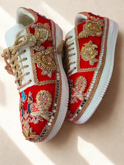 Funky N Trendy Peacock Magic Red Bridal Sneakers – Dance-Ready & Personalised