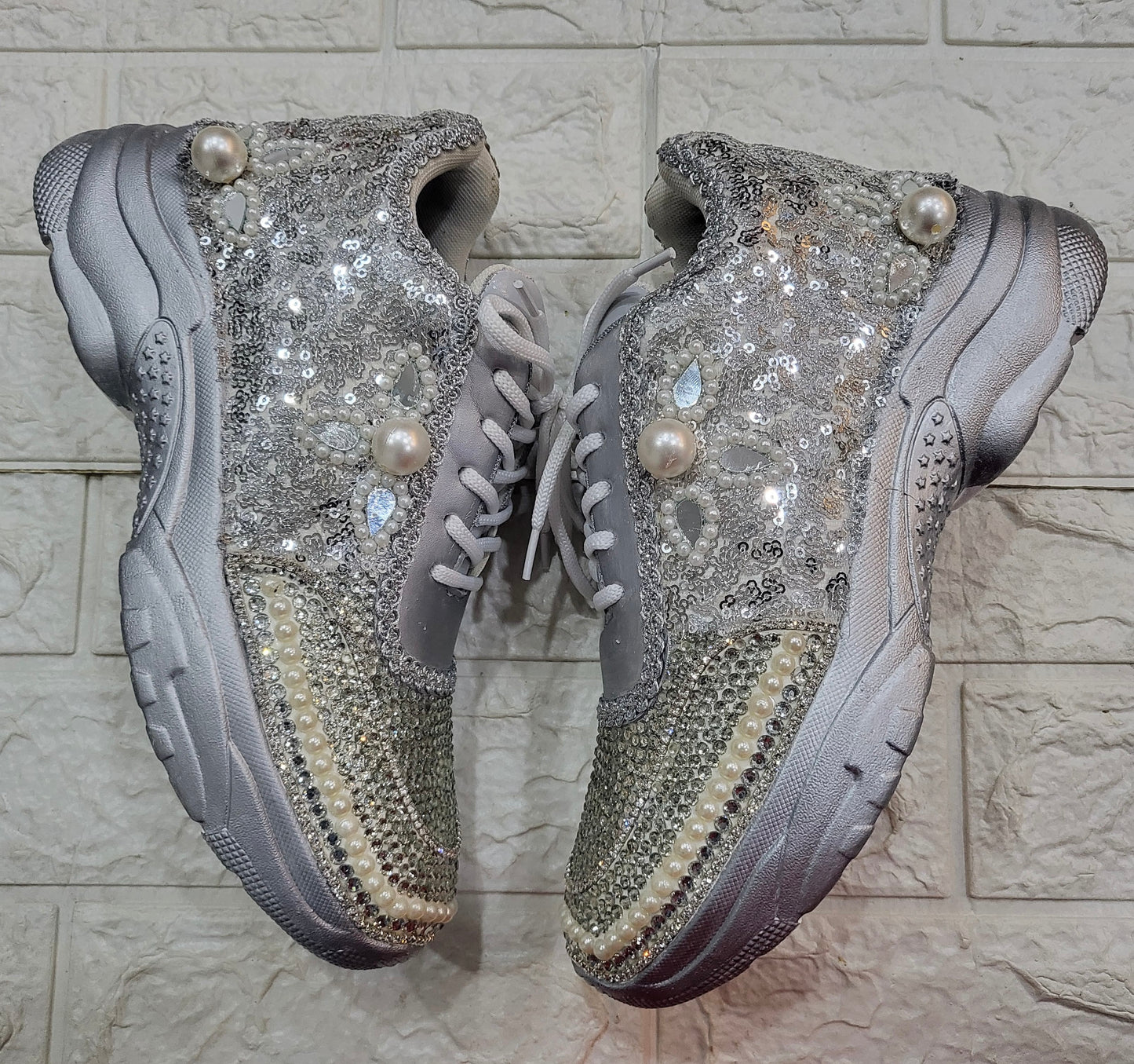 FUNKY N TRENDY rhinestone work bridal sneakers / bridesmaid sneakers/ silver sneakers / silver shoes/ rhinestone sneakers mirror shoes/ bride shoes/ embroidered shoes