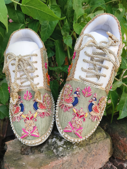 “Peacock Green Bridal Sneakers – Floral Embroidery”