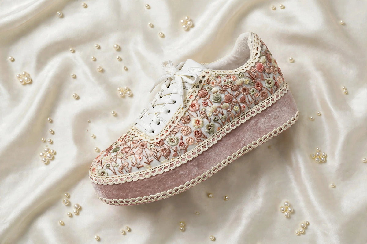 FUNKY N TRENDY Wildflower Embroidered Platform Sneakers – Blush Pink Floral Bridal Sneakers for Mehendi/Sangeet