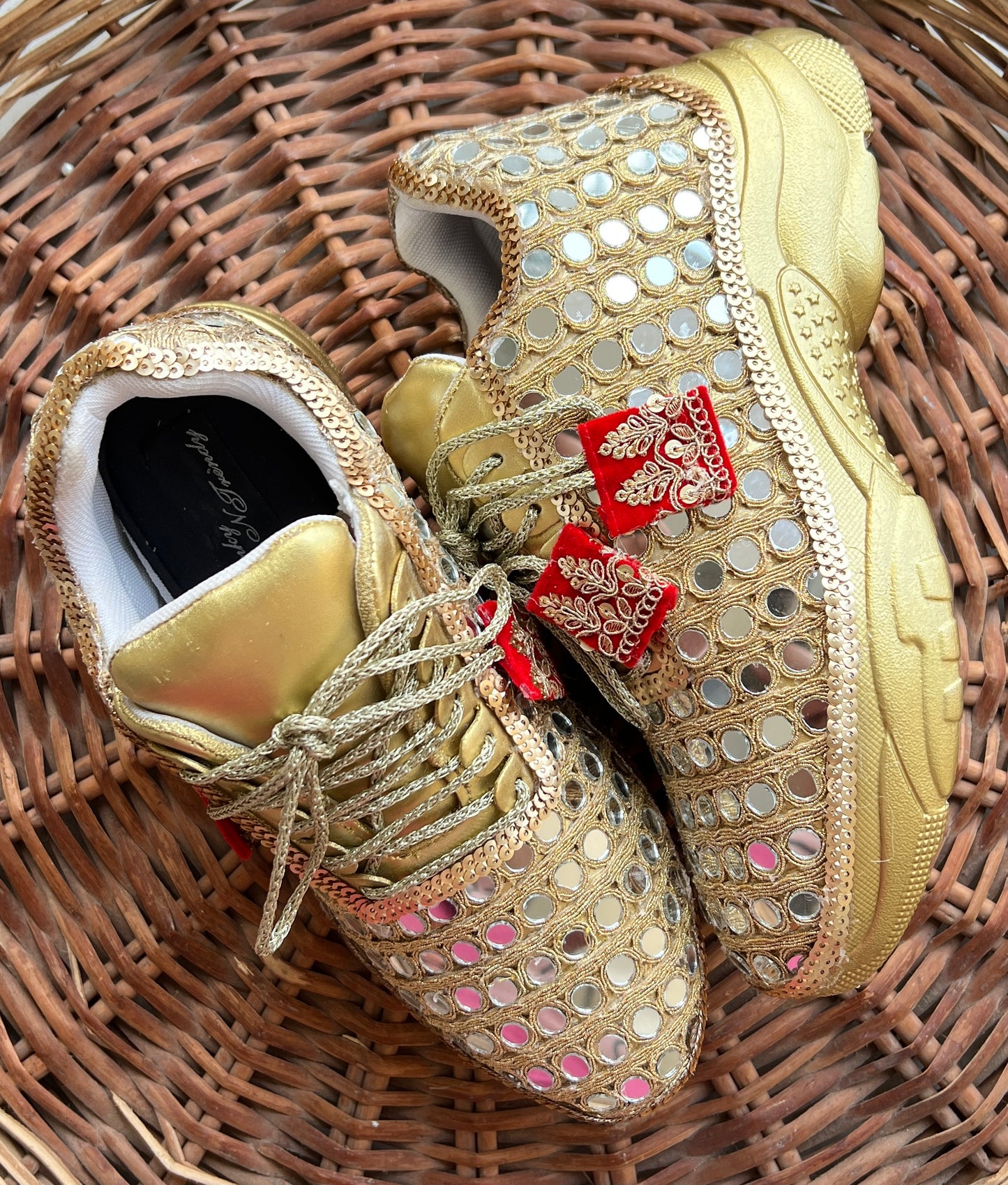 FUNKY N TRENDY gold mirror heeled sneakers for brides and bridesmaids