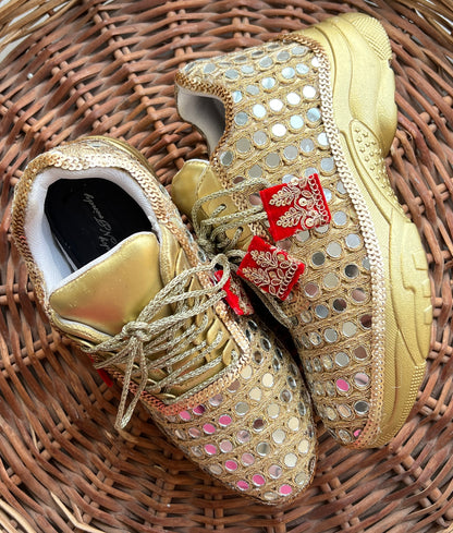 FUNKY N TRENDY gold mirror heeled sneakers for brides and bridesmaids
