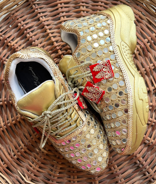 FUNKY N TRENDY gold mirror heeled sneakers for brides and bridesmaids