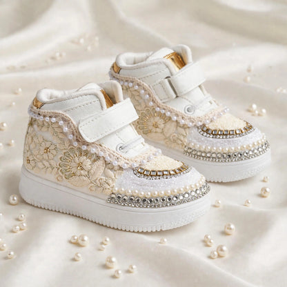 Ivory Bloom – Floral Lace Sneakers for Baby Girls | For Lehenga, Sharara, Gharara & Anarkali
