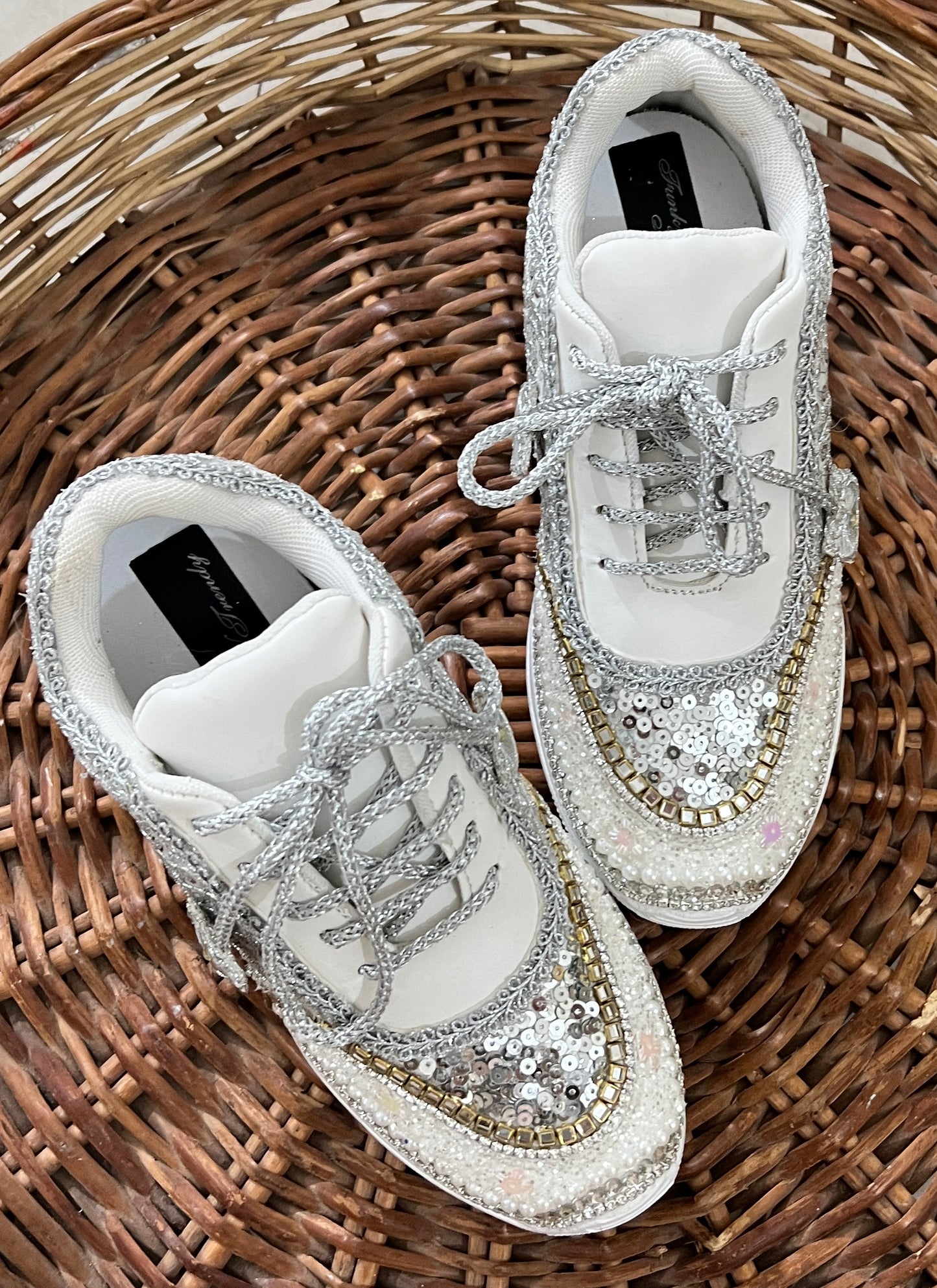 FUNKY N TRENDY hand work bridal sneakers / bridesmaid sneakers/ silver sneakers / silver shoes/mirror sneakers mirror shoes/ bride shoes/ embroidered shoes