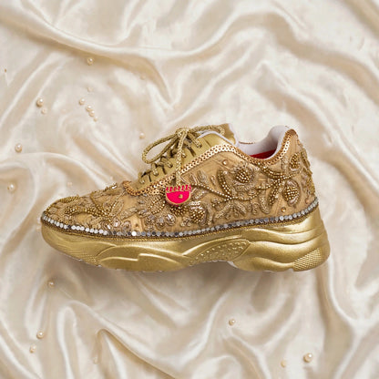 Funky N Trendy hand crafted golden bridal sneakers bridesmaid sneakers/ gold sneakers / golden sneakers / golden embroidery sneakers with tint of hot pink tassels